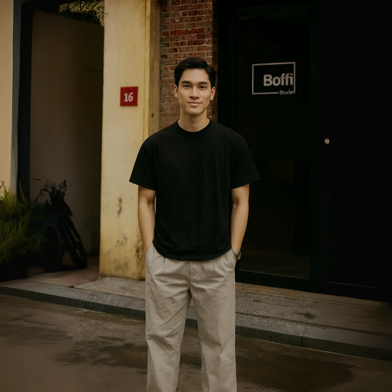 Người mẫu mặc áo thun đen