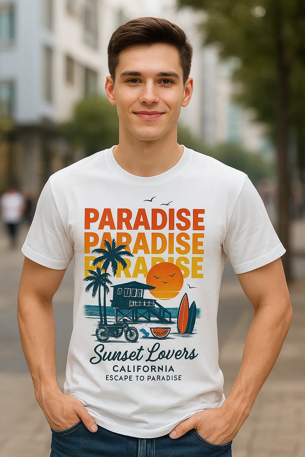 Người mẫu mặc áo thun Sunset Paradise
