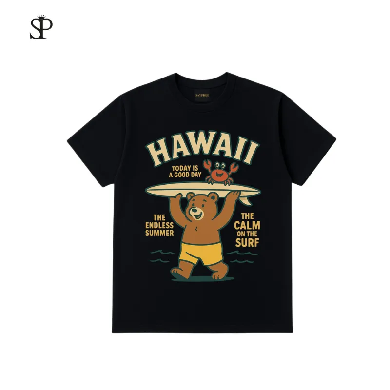 Áo Thun HAWAII Bear Surfer Mùa Hè, cotton 250GSM
