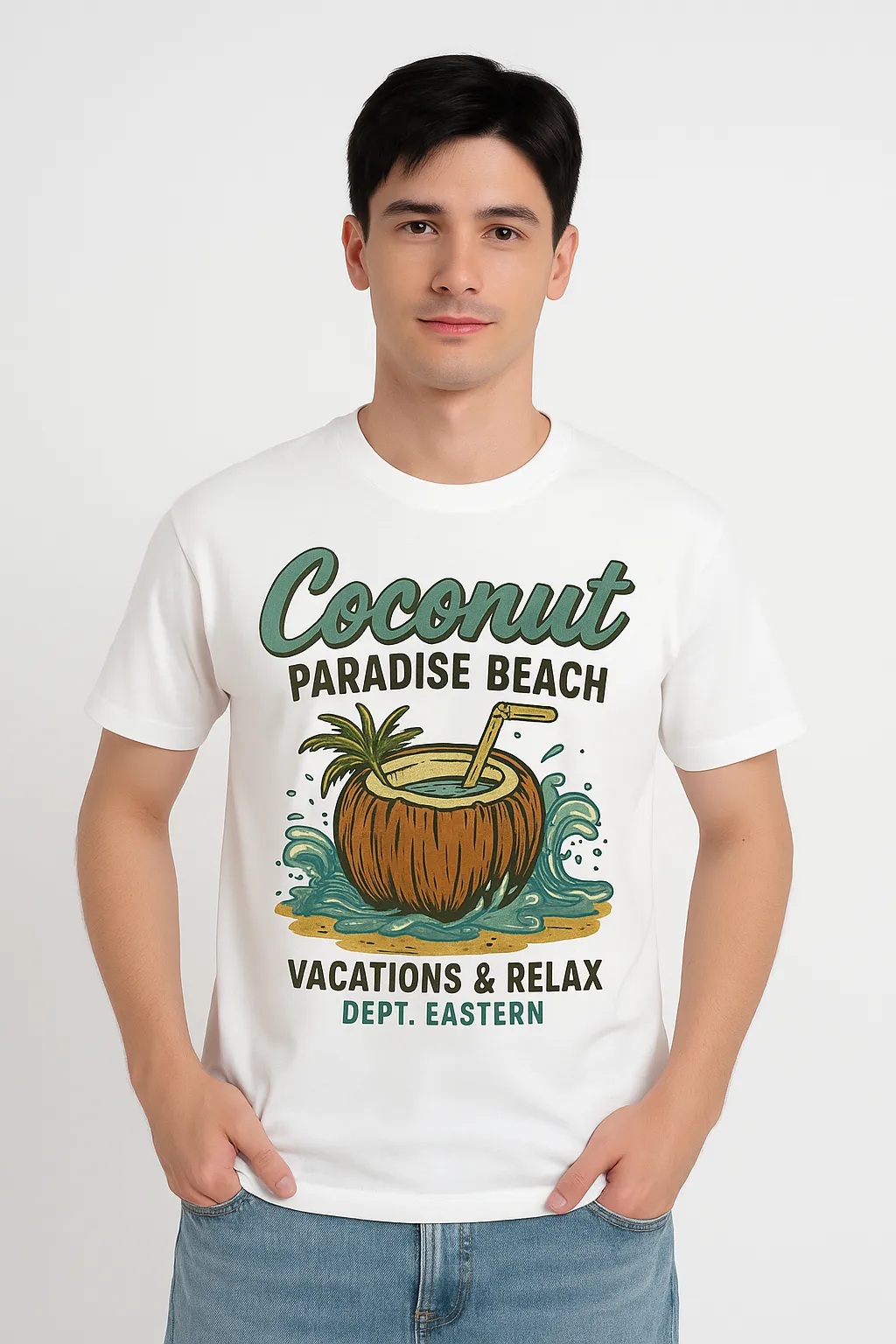 Người mẫu mặc áo thun Coconut Paradise