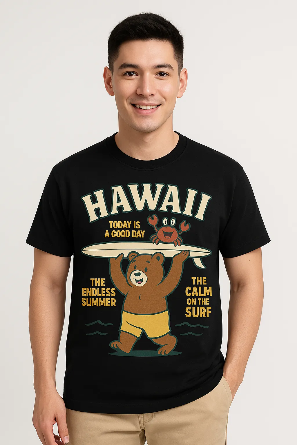 Người mẫu mặc áo thun Hawaii Surf Bear