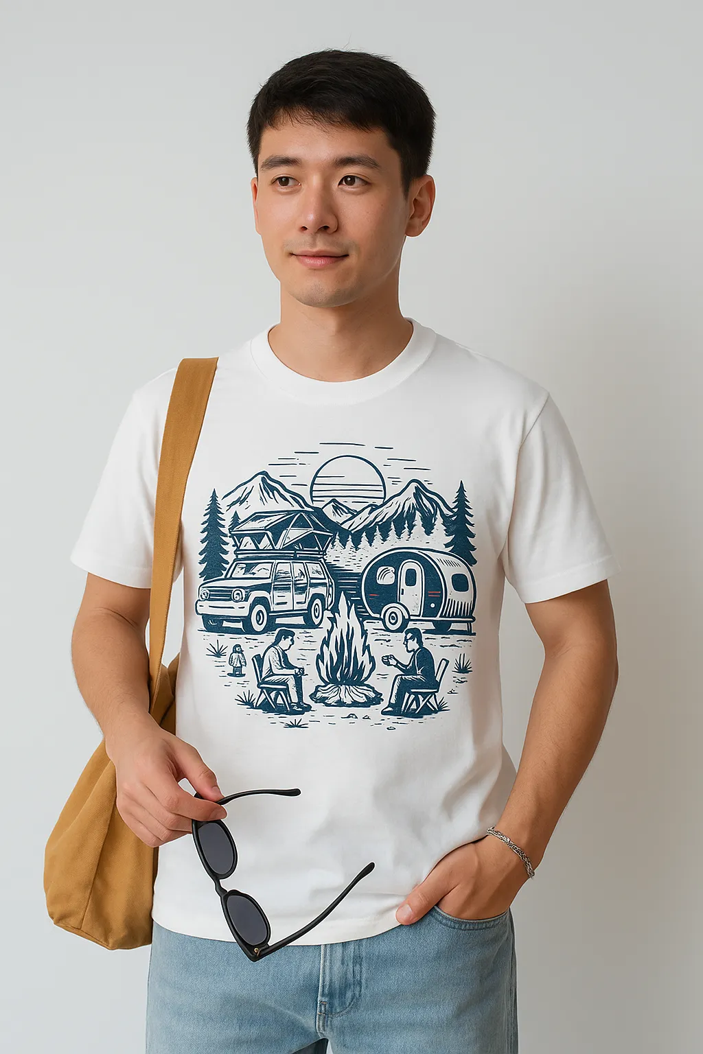 Người mẫu mặc áo thun Mountain Campfire