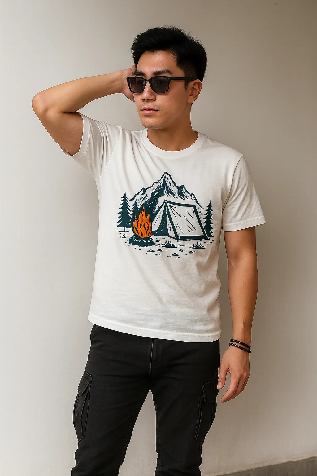 Người mẫu mặc áo thun Mountain Hideaway