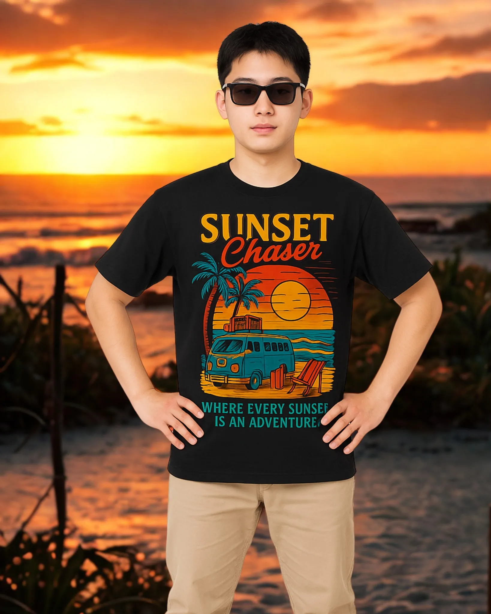 Người mẫu mặc áo thun Sunset Chaser