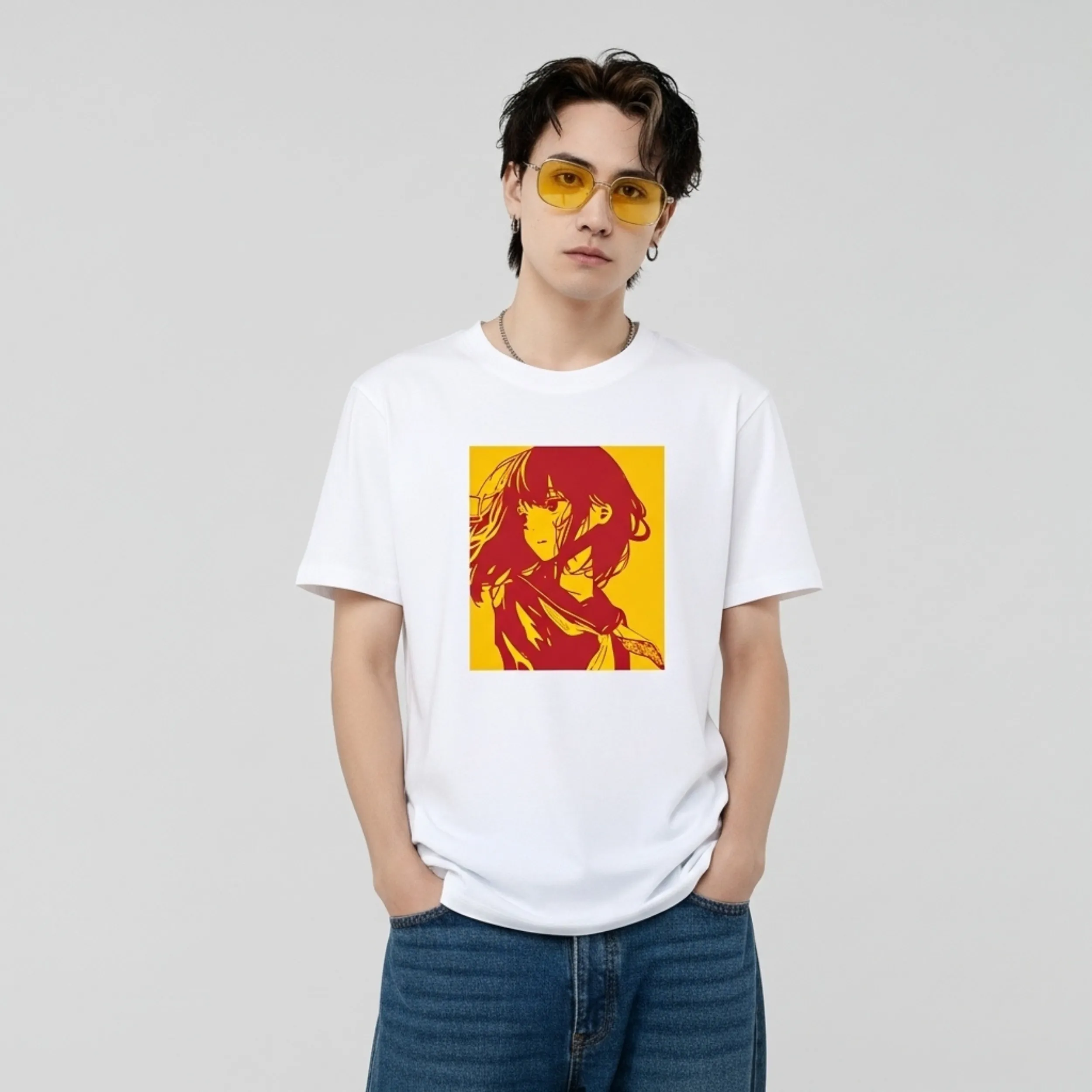 Người mẫu mặc áo thun Anime Art đen