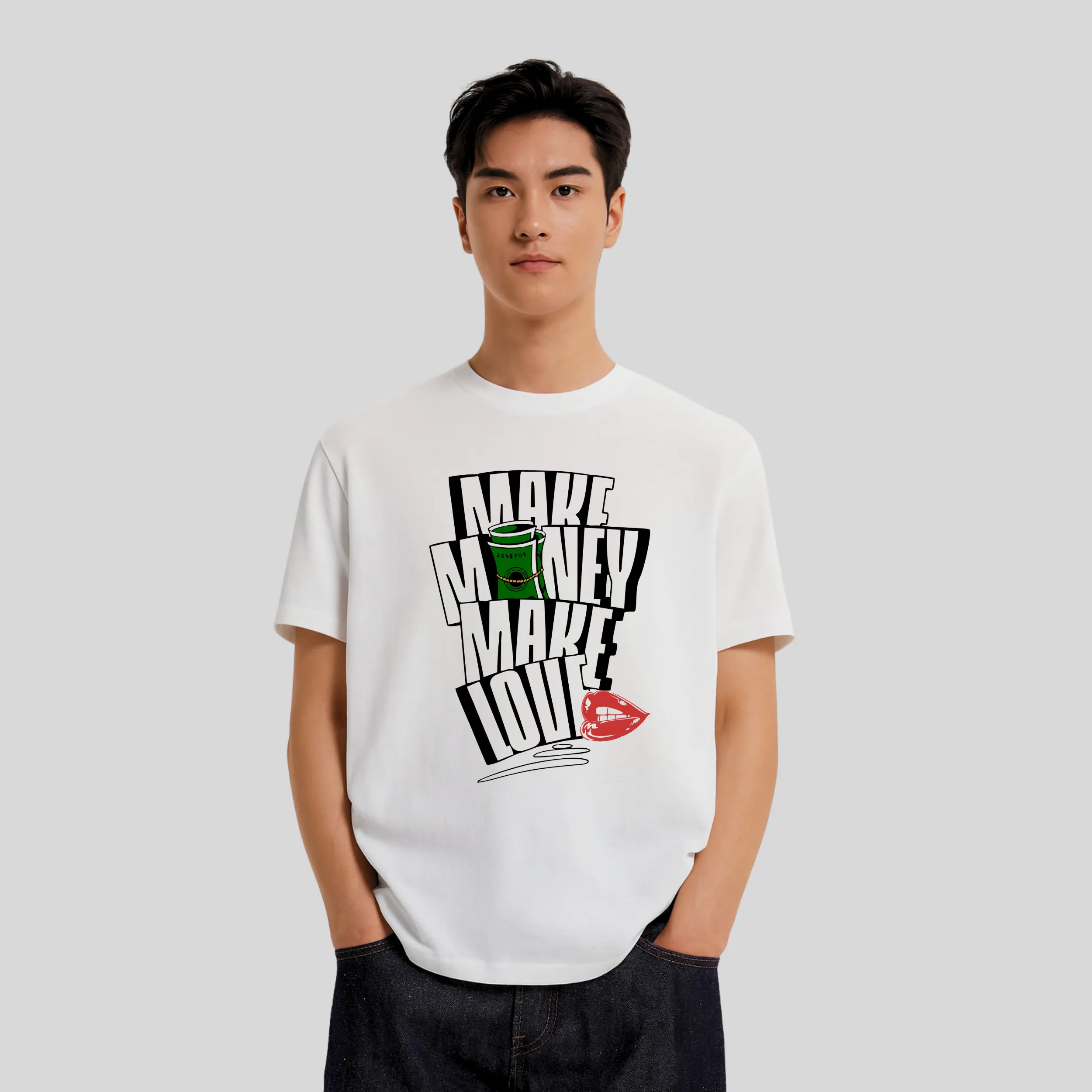 Người mẫu mặc áo thun Make Money Love